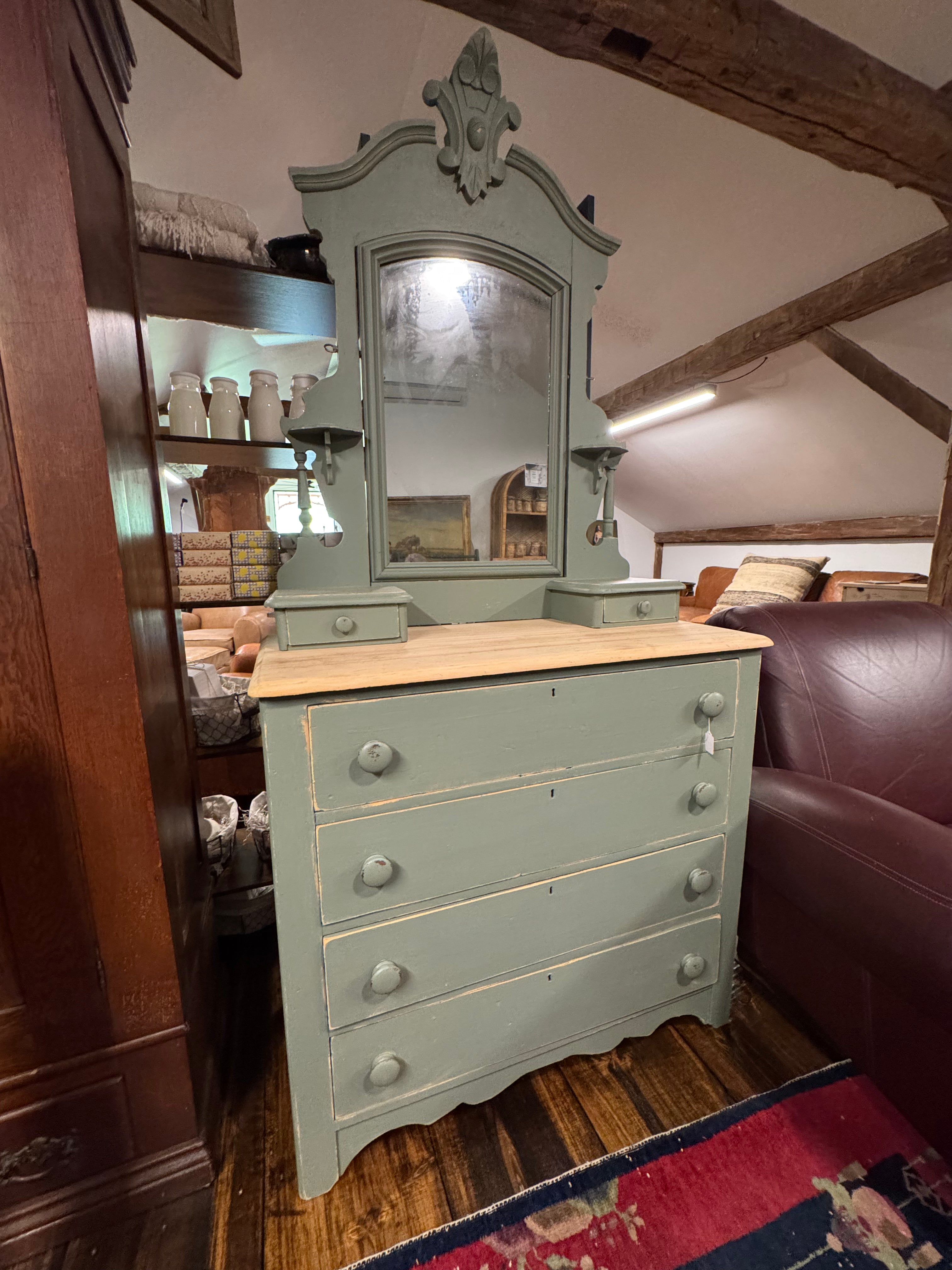 Antique Pine 6-Drawer Dresser & Mirror| Handcrafted Dovetail Construction