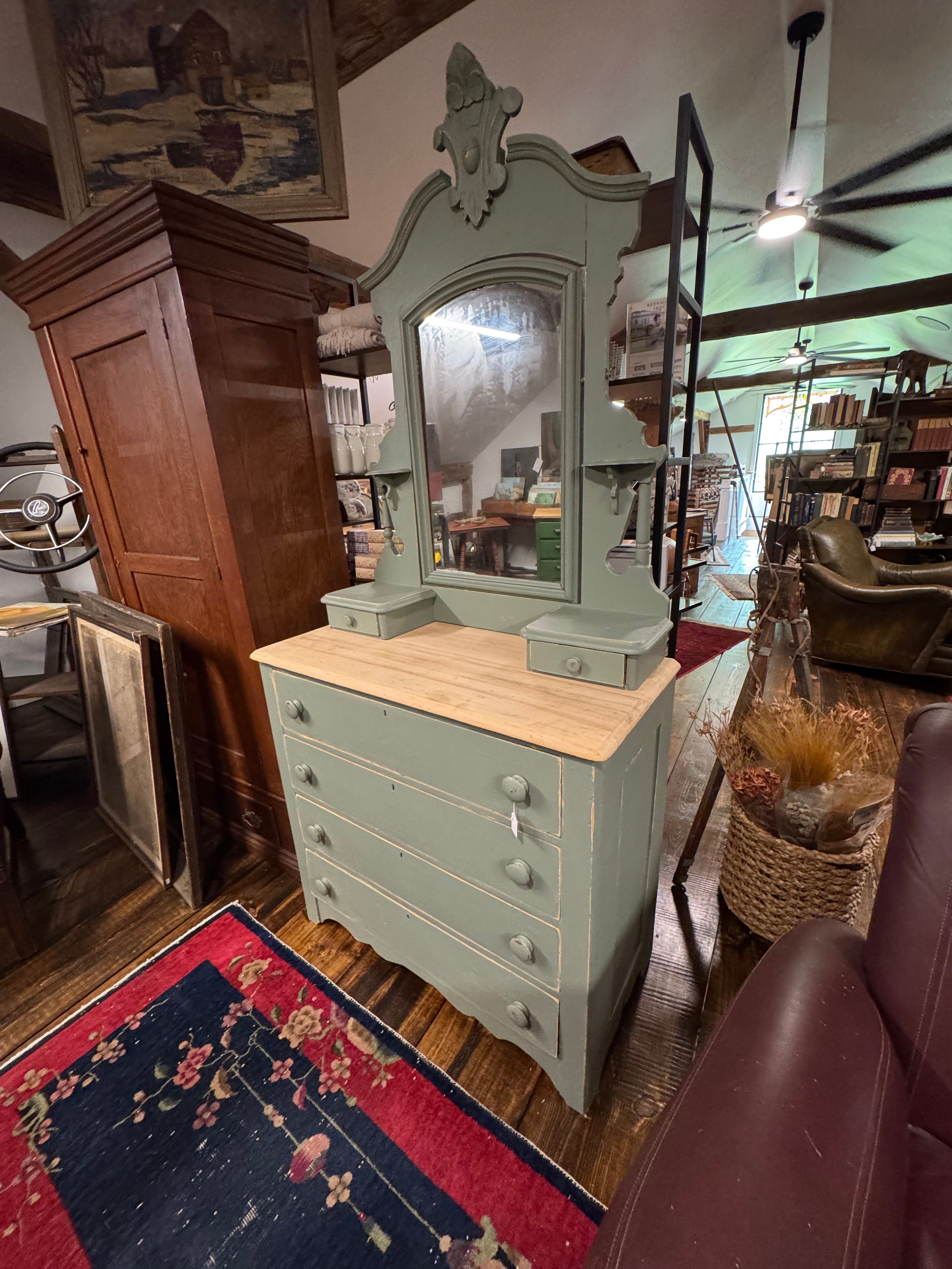 Antique Pine 6-Drawer Dresser & Mirror| Handcrafted Dovetail Construction