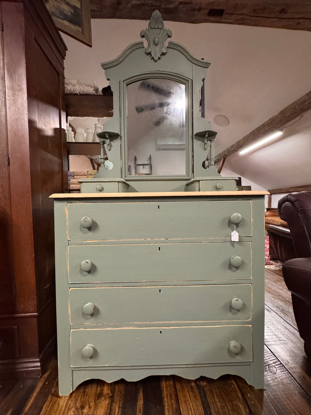 Antique Pine 6-Drawer Dresser & Mirror| Handcrafted Dovetail Construction