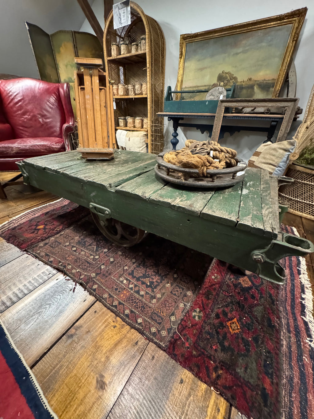 Antique Industrial Factory Cart with Cast Iron Wheels