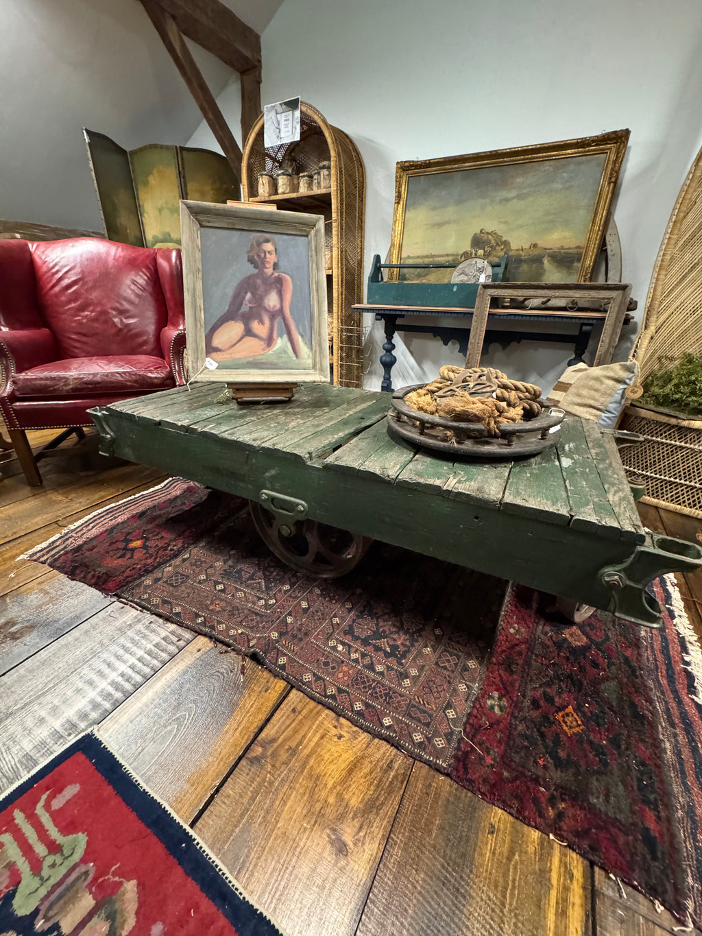 Antique Industrial Factory Cart with Cast Iron Wheels