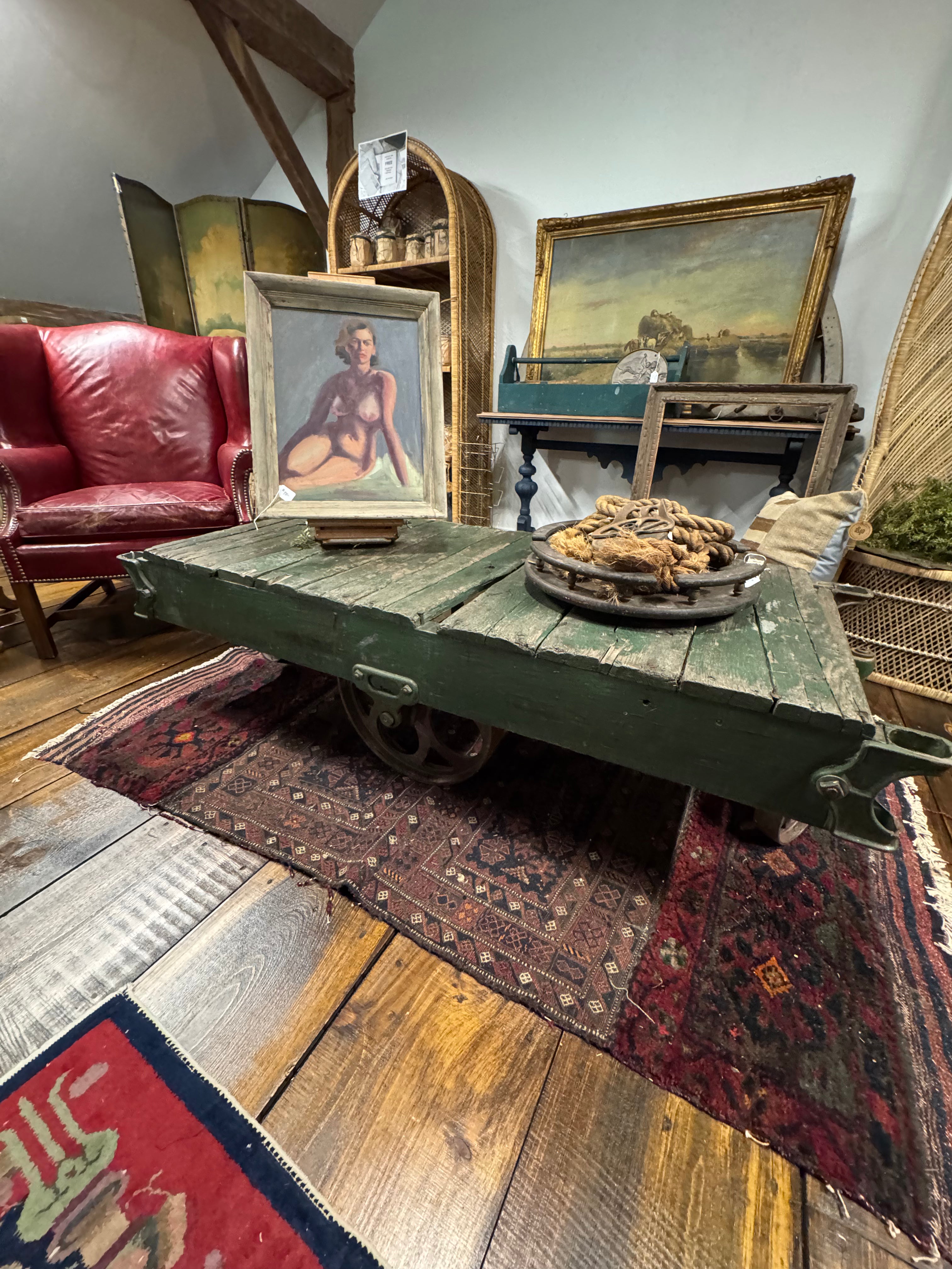 Antique Industrial Factory Cart with Cast Iron Wheels