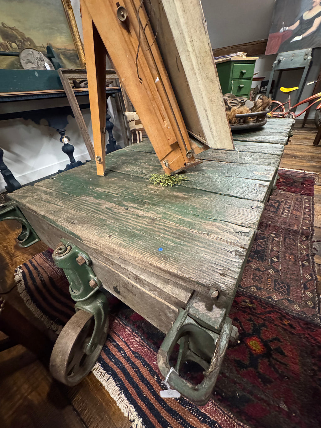 Antique Industrial Factory Cart with Cast Iron Wheels