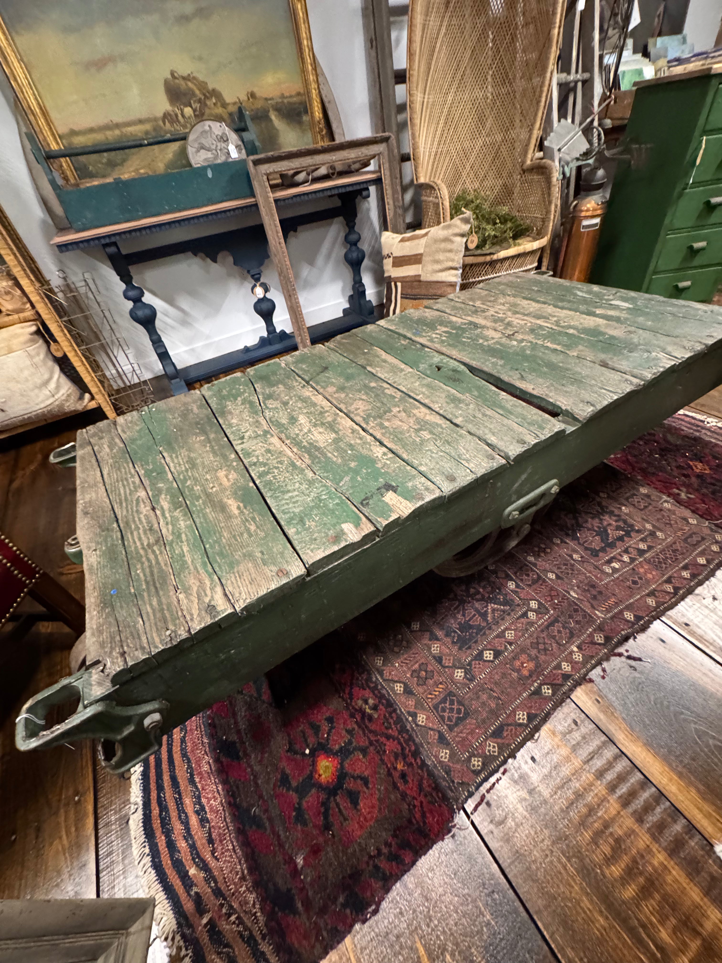 Antique Industrial Factory Cart with Cast Iron Wheels