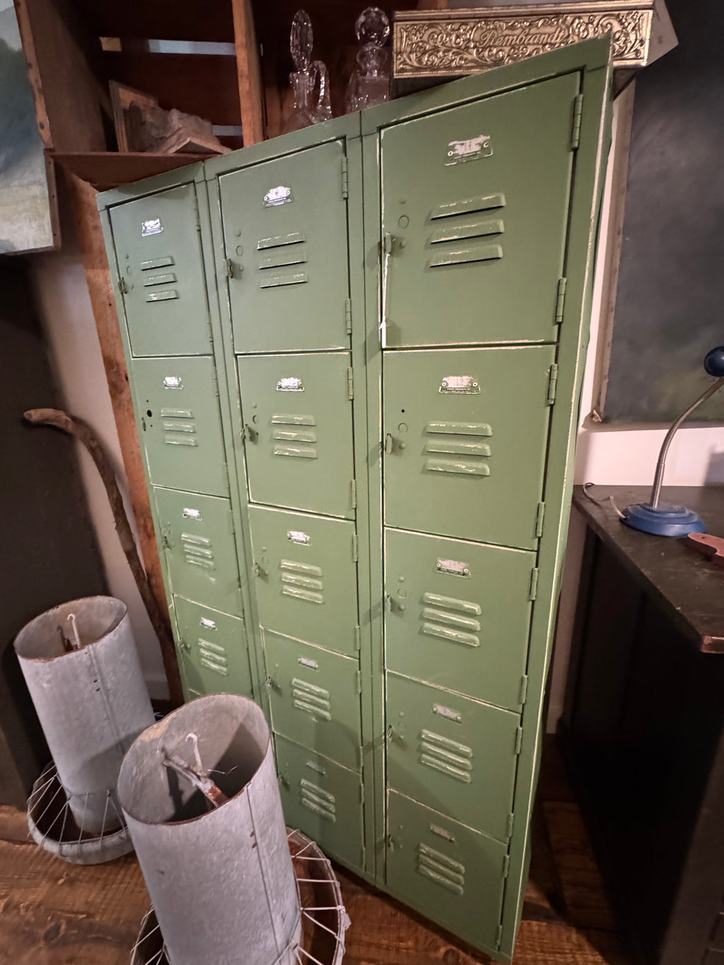 Vintage Sage-Painted Metal Locker Set with Casters