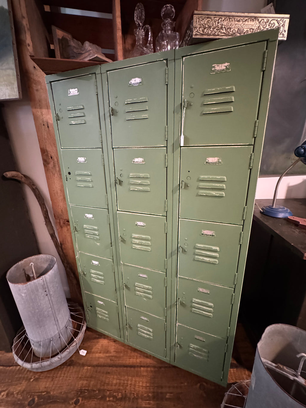 Vintage Sage-Painted Metal Locker Set with Casters