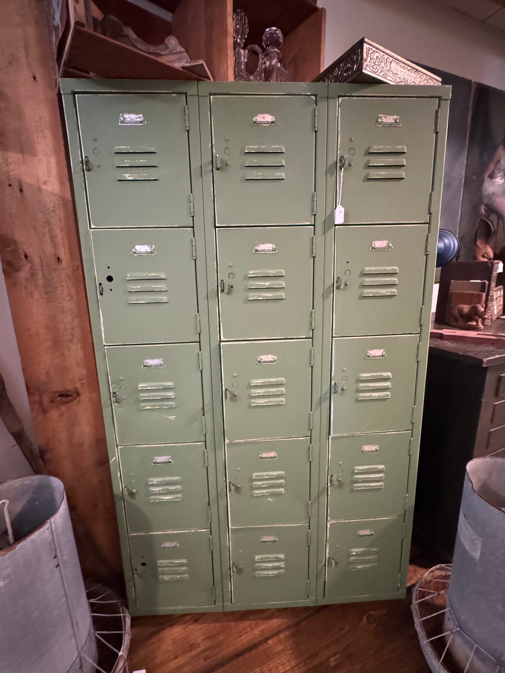Vintage Sage-Painted Metal Locker Set with Casters