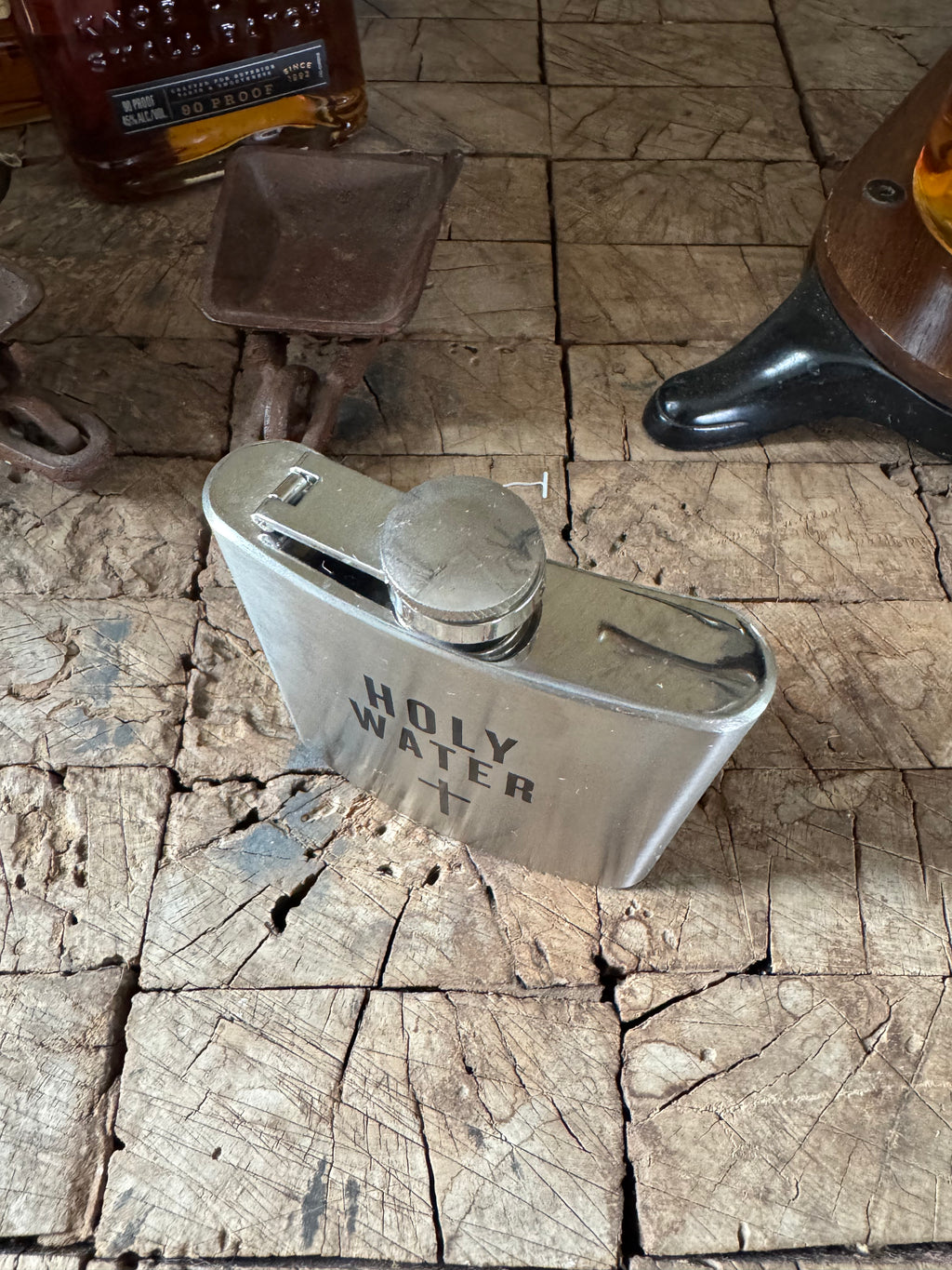 6 oz Stainless Steel Flask - “Holy Water” Cross Engraved