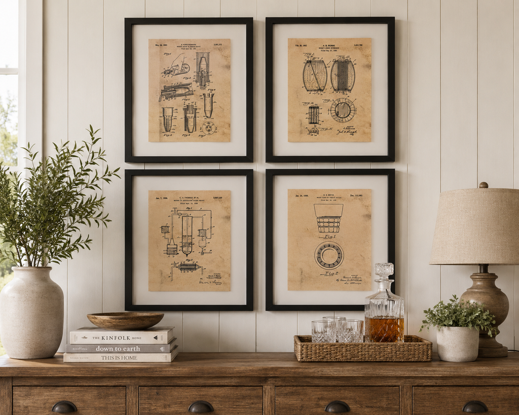 Set of 4 Framed Whiskey Patent Prints – Vintage Inspired Bar & Farmhouse Wall Décor