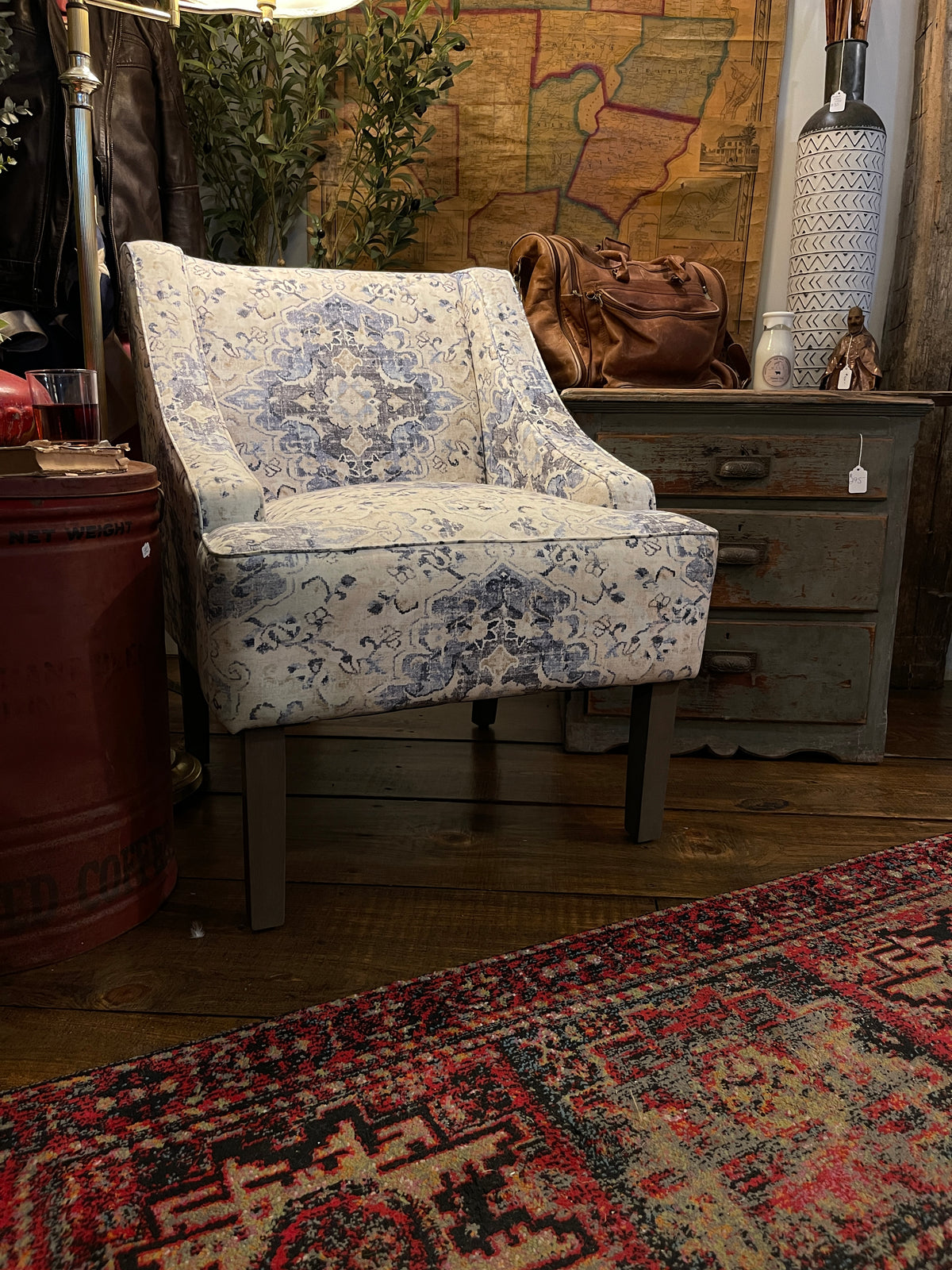 Blue Medallion Damask Accent Chair – Classic Farmhouse Style