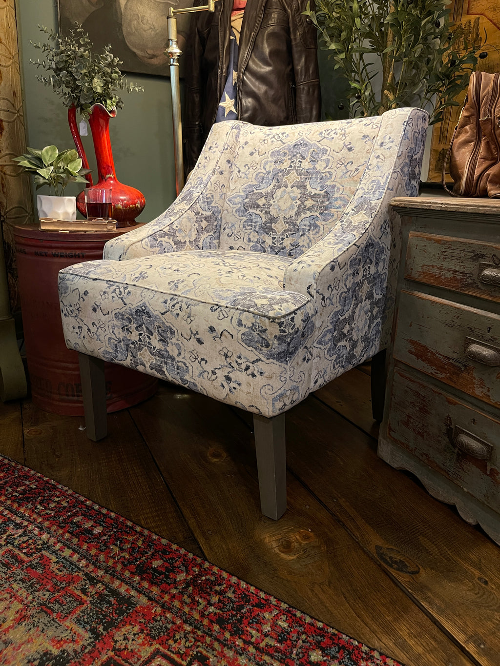 Blue Medallion Damask Accent Chair – Classic Farmhouse Style