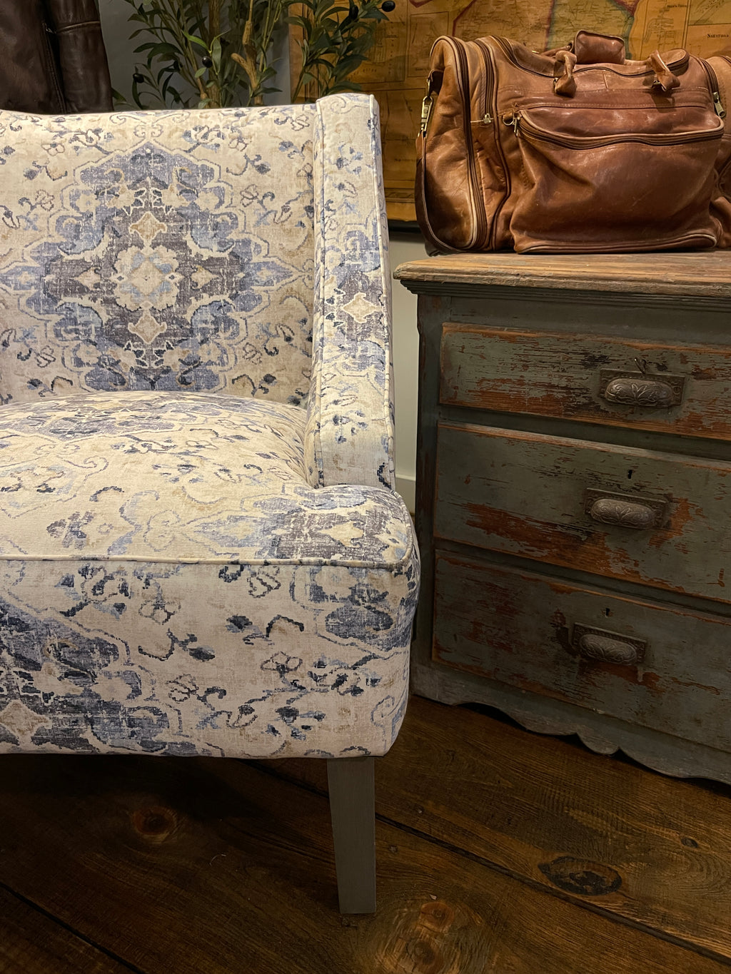 Blue Medallion Damask Accent Chair – Classic Farmhouse Style