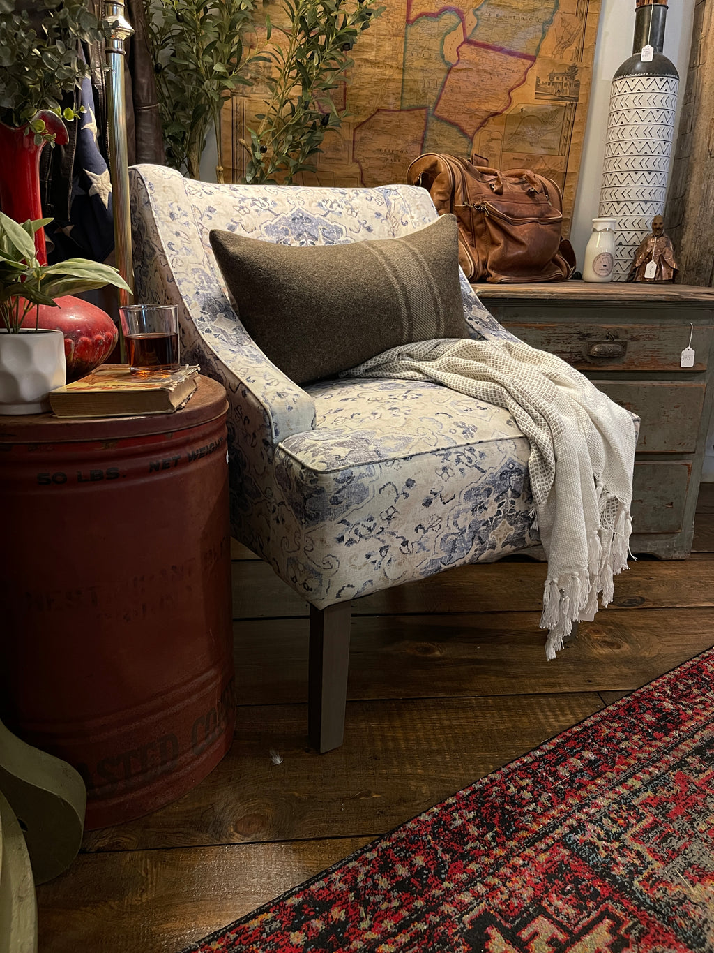 Blue Medallion Damask Accent Chair – Classic Farmhouse Style