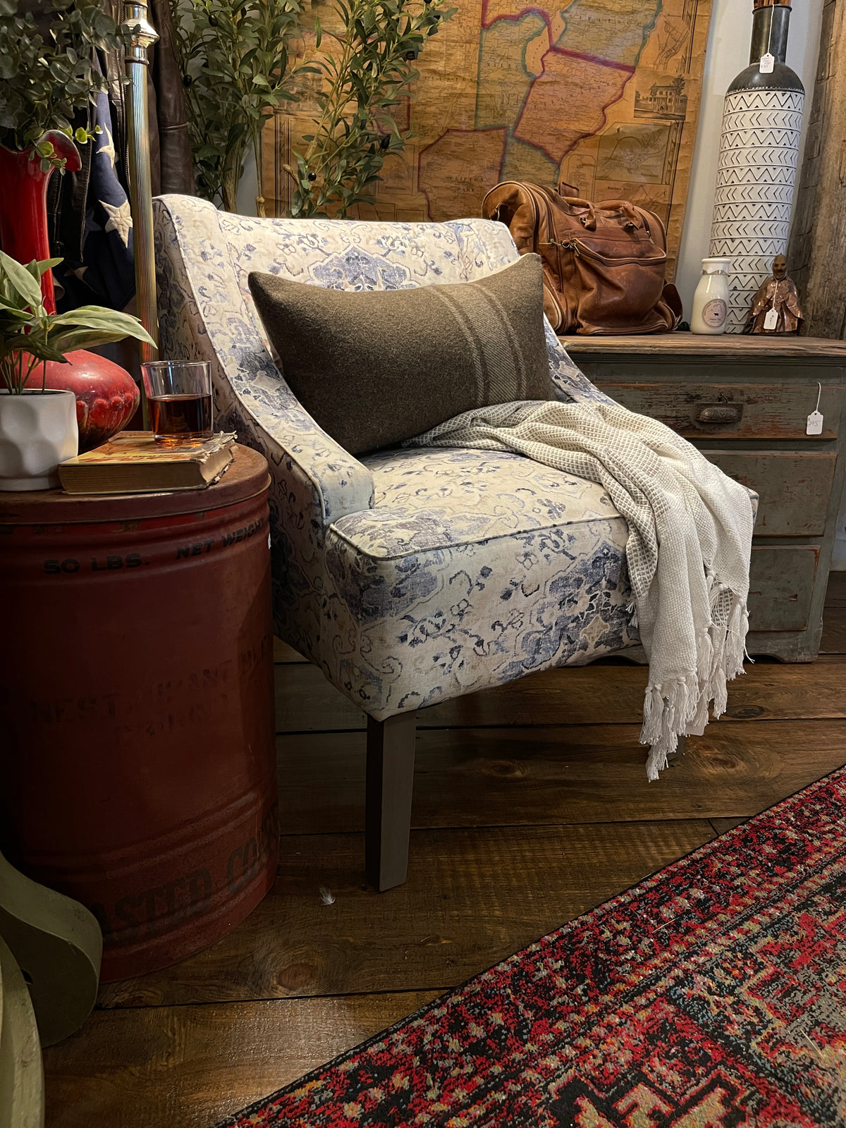 Blue Medallion Damask Accent Chair – Classic Farmhouse Style