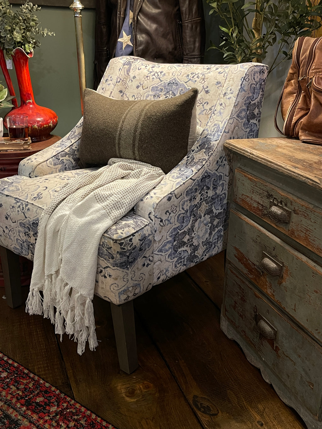 Blue Medallion Damask Accent Chair – Classic Farmhouse Style