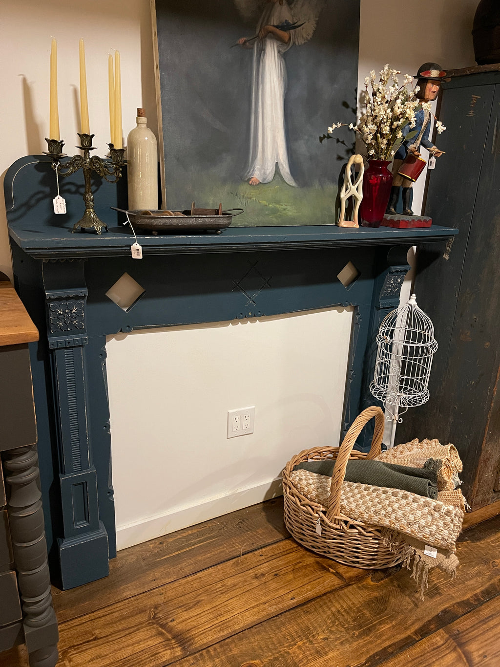 Antique Eastlake Fireplace Mantel Surround – Painted Blue Victorian Wood Mantel