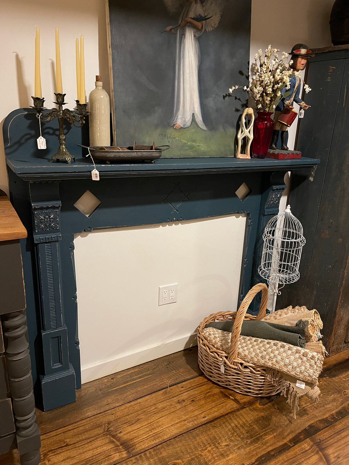 Antique Eastlake Fireplace Mantel Surround – Painted Blue Victorian Wood Mantel