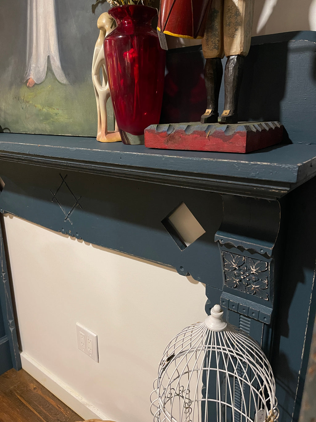 Antique Eastlake Fireplace Mantel Surround – Painted Blue Victorian Wood Mantel