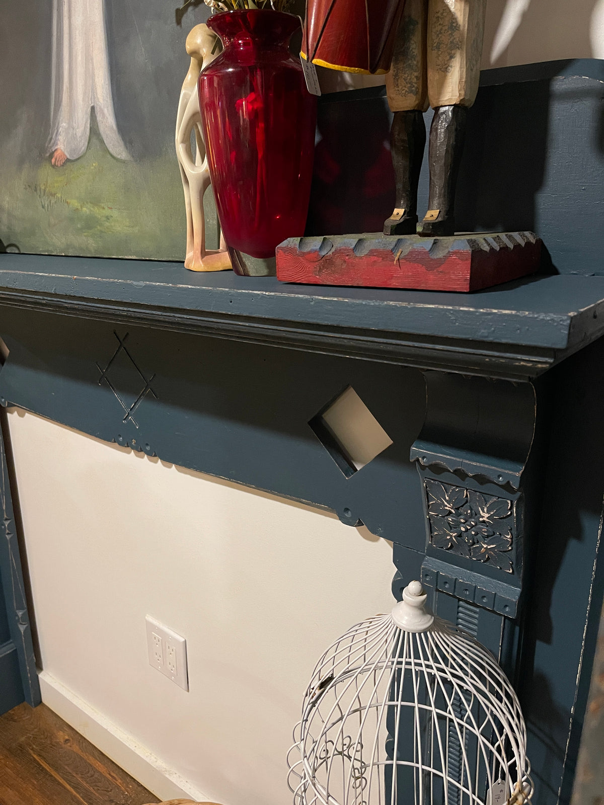 Antique Eastlake Fireplace Mantel Surround – Painted Blue Victorian Wood Mantel