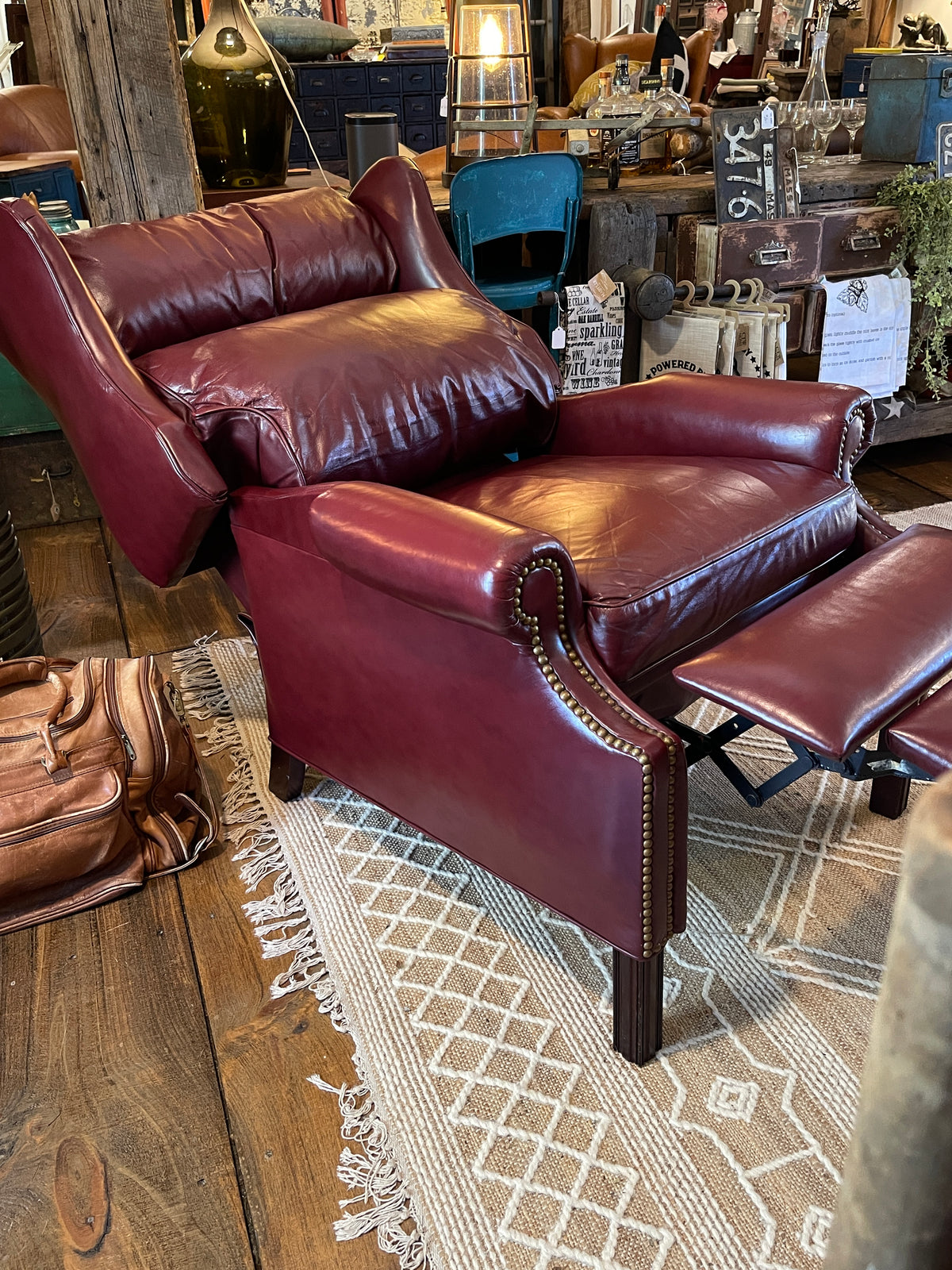 Vintage Leathercraft Inc. Burgundy Leather Wingback Recliner - Nailhead Trim