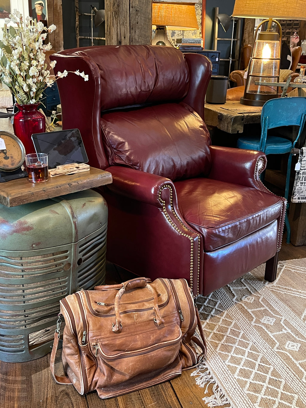 Vintage Leathercraft Inc. Burgundy Leather Wingback Recliner - Nailhead Trim