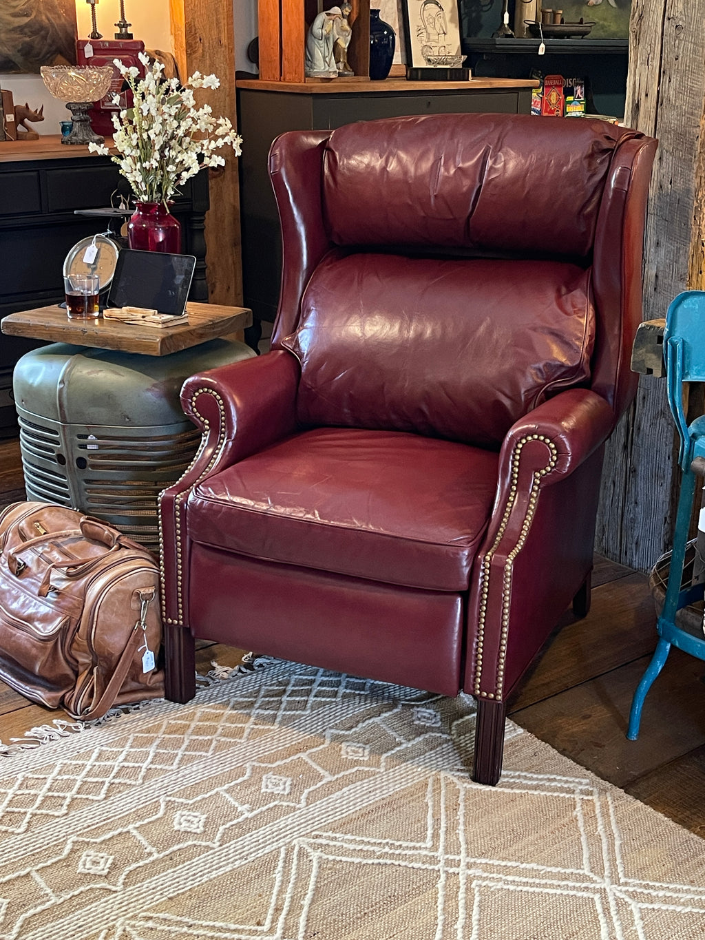 Vintage Leathercraft Inc. Burgundy Leather Wingback Recliner - Nailhead Trim