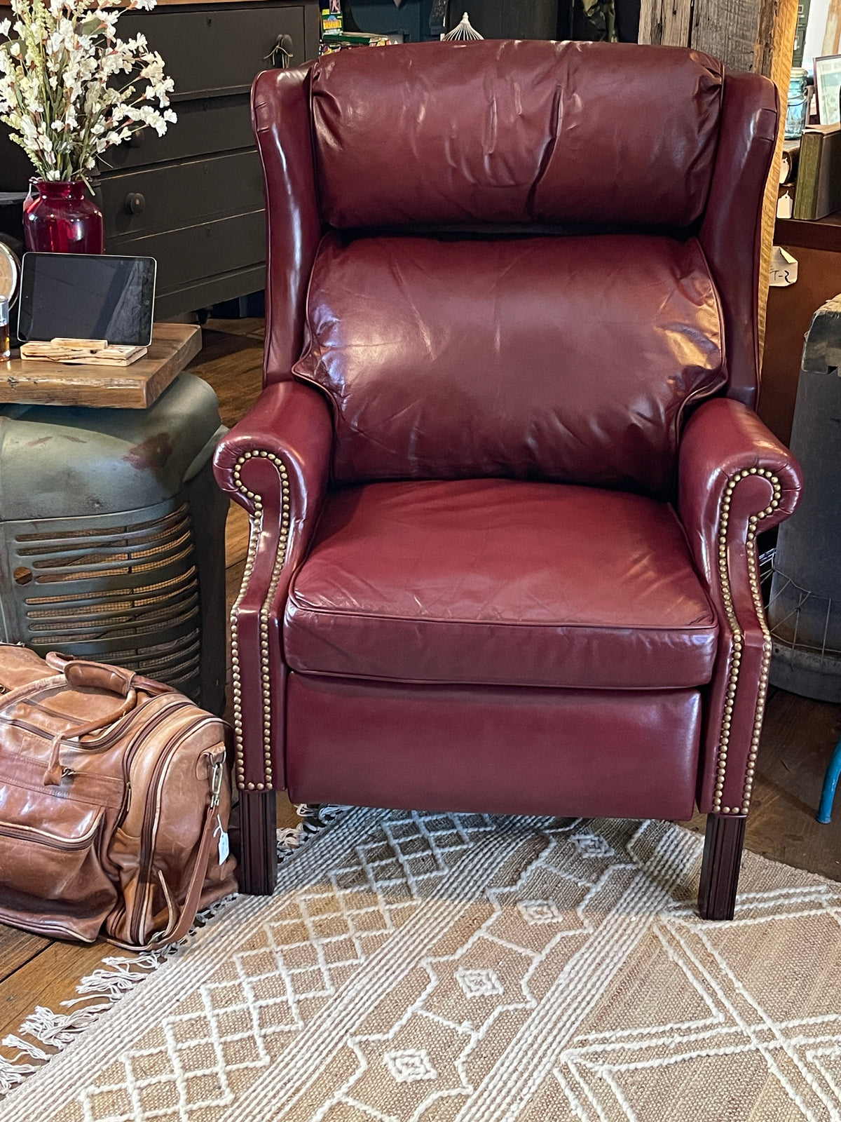 Vintage Leathercraft Inc. Burgundy Leather Wingback Recliner - Nailhead Trim