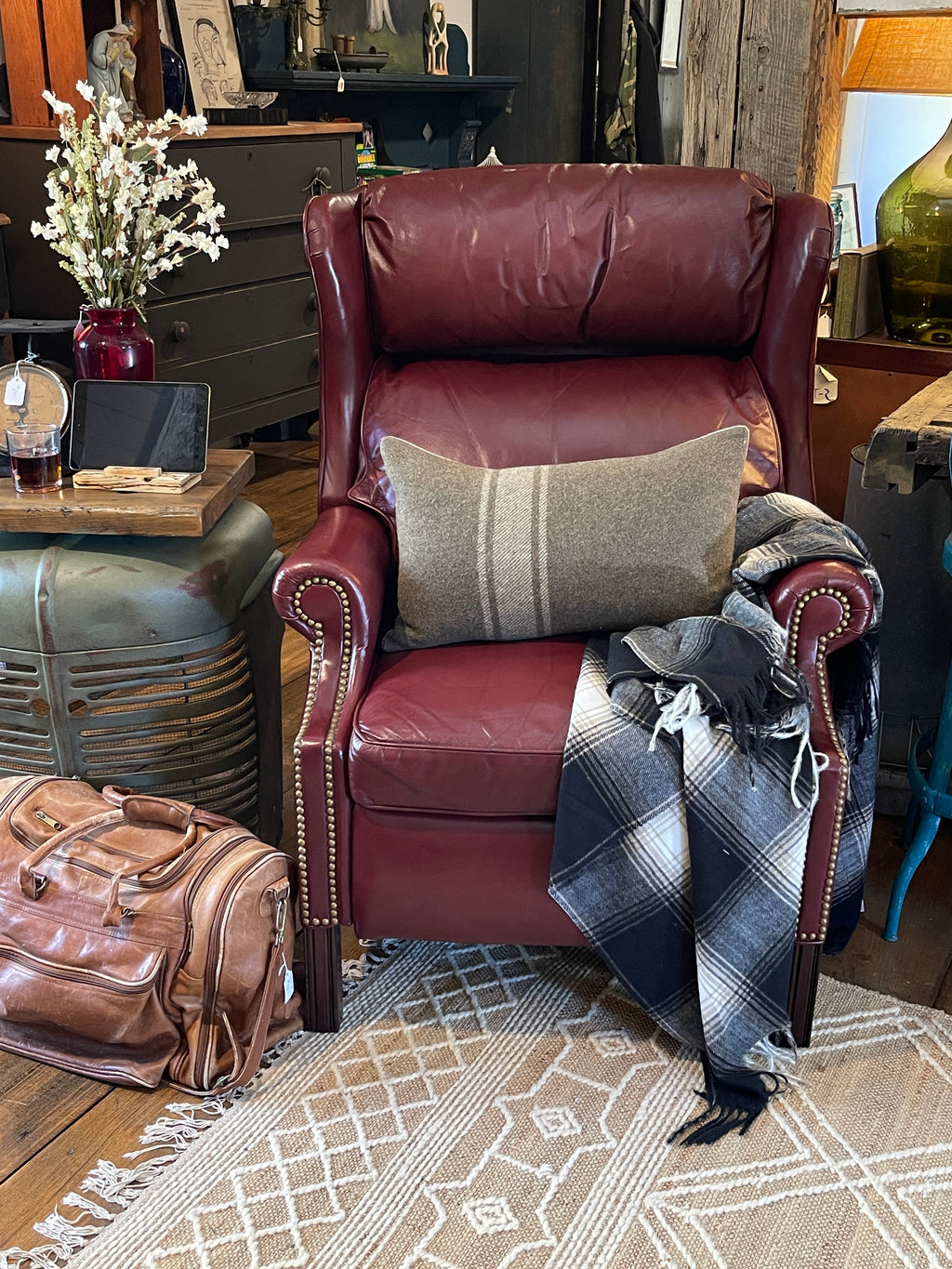 Vintage Leathercraft Inc. Burgundy Leather Wingback Recliner - Nailhead Trim