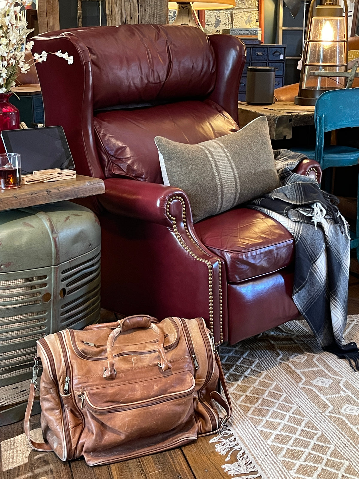 Vintage Leathercraft Inc. Burgundy Leather Wingback Recliner - Nailhead Trim