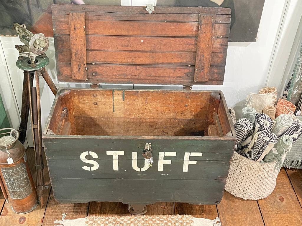 Vintage Industrial Factory Chest - Rustic Green "STUFF" Wooden Storage Trunk on Casters