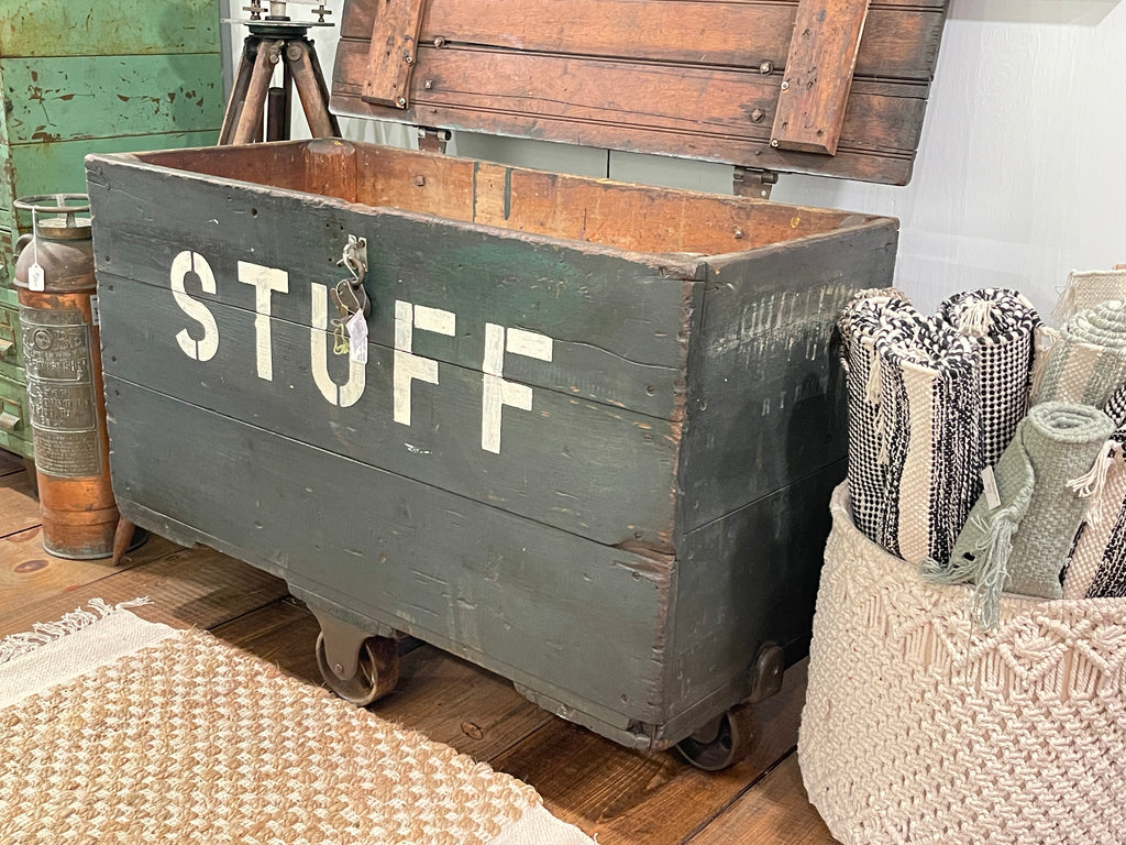 Vintage Industrial Factory Chest - Rustic Green "STUFF" Wooden Storage Trunk on Casters