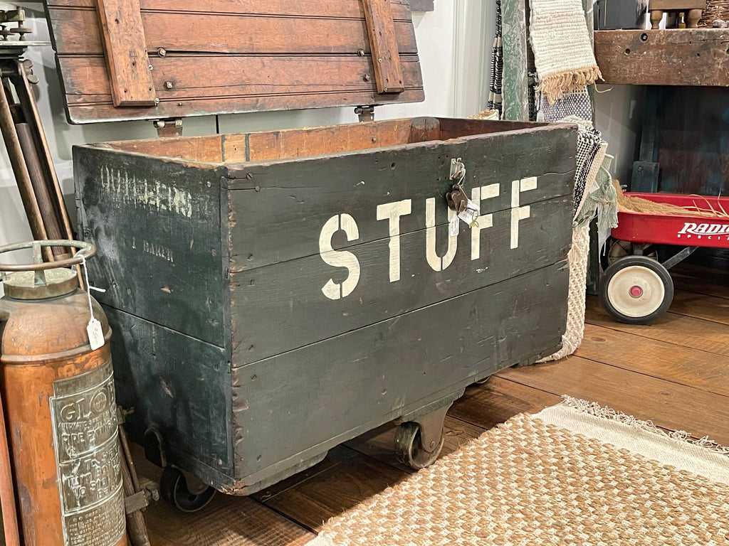 Vintage Industrial Factory Chest - Rustic Green "STUFF" Wooden Storage Trunk on Casters