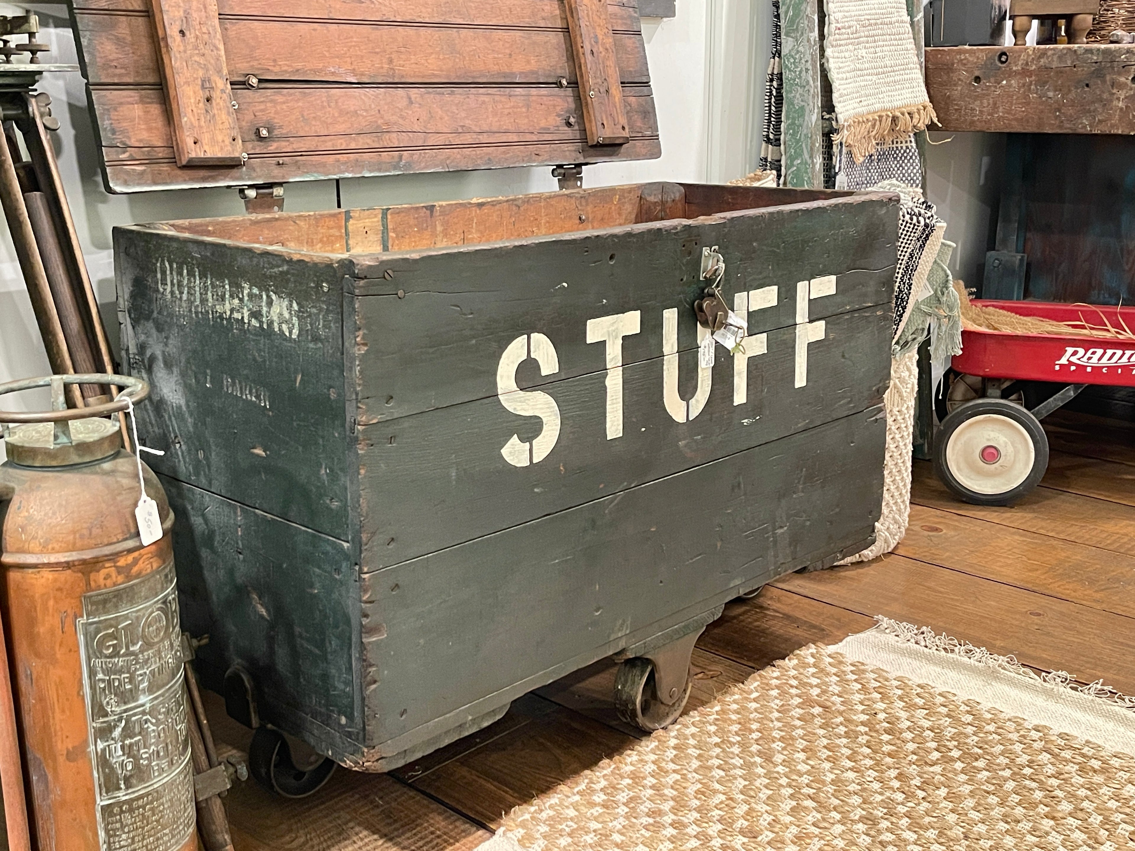 Vintage Industrial Factory Chest - Rustic Green "STUFF" Wooden Storage Trunk on Casters
