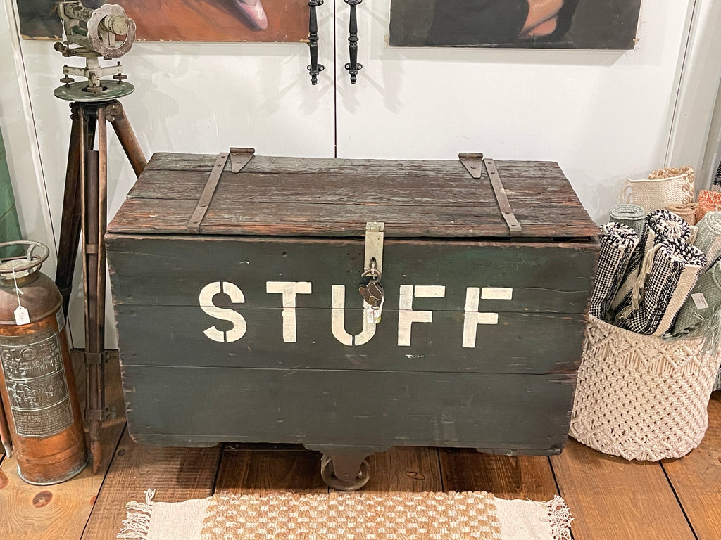 Vintage Industrial Factory Chest - Rustic Green "STUFF" Wooden Storage Trunk on Casters