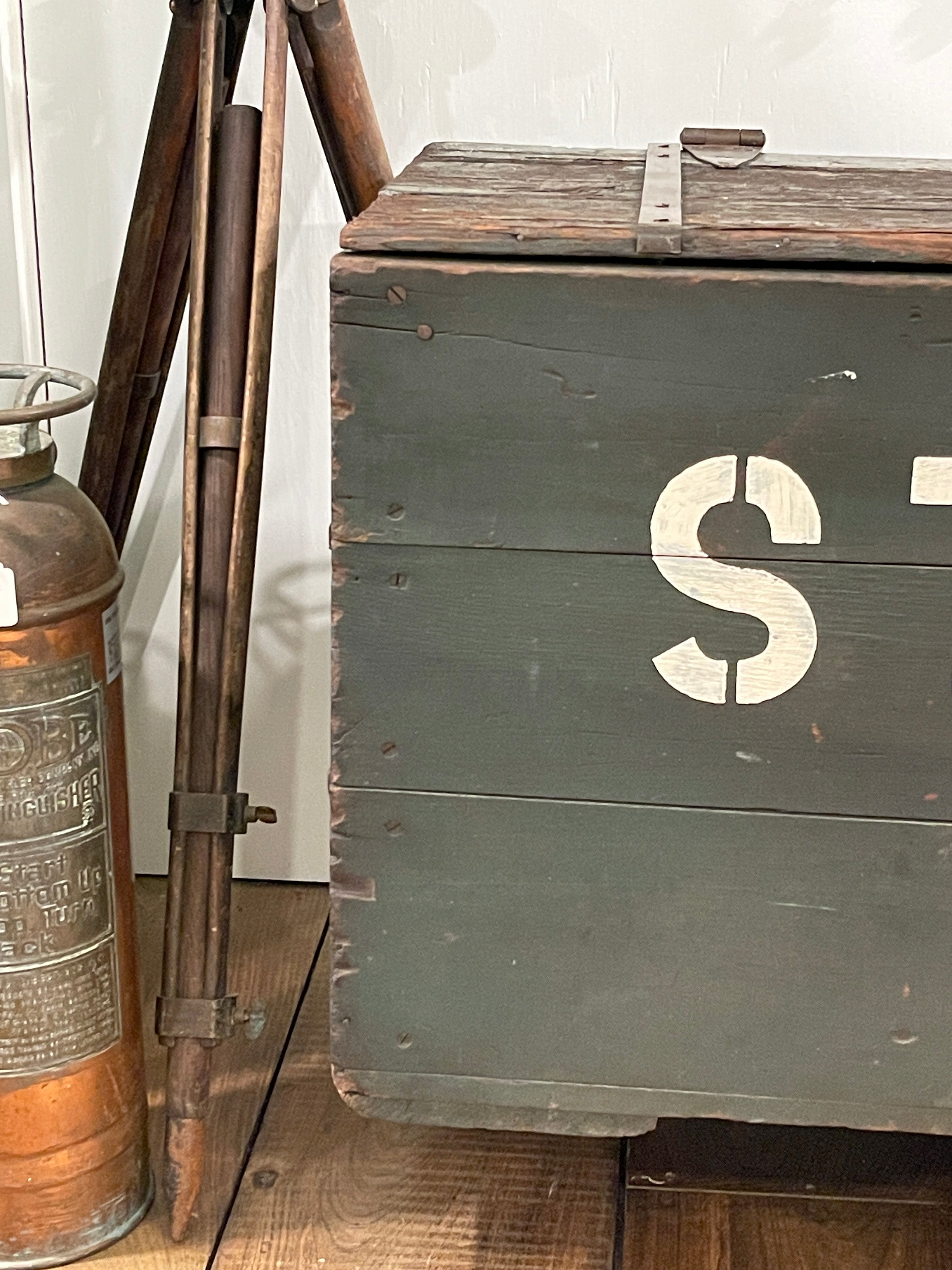 Vintage Industrial Factory Chest - Rustic Green "STUFF" Wooden Storage Trunk on Casters