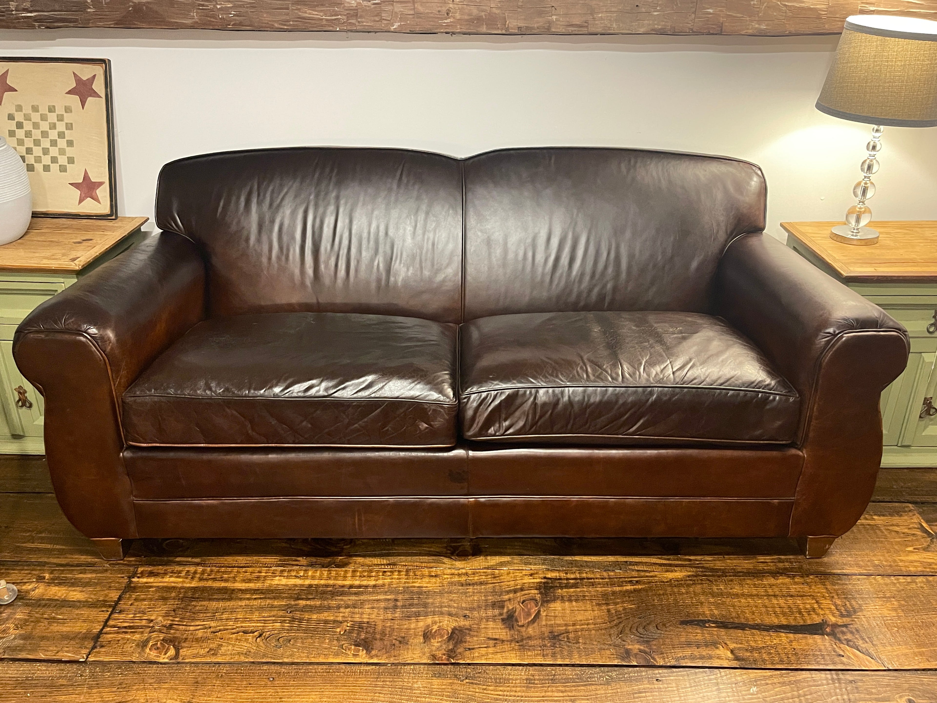 Vintage Restoration Hardware x Mitchell Gold 1920s Parisian Leather Club Sofa