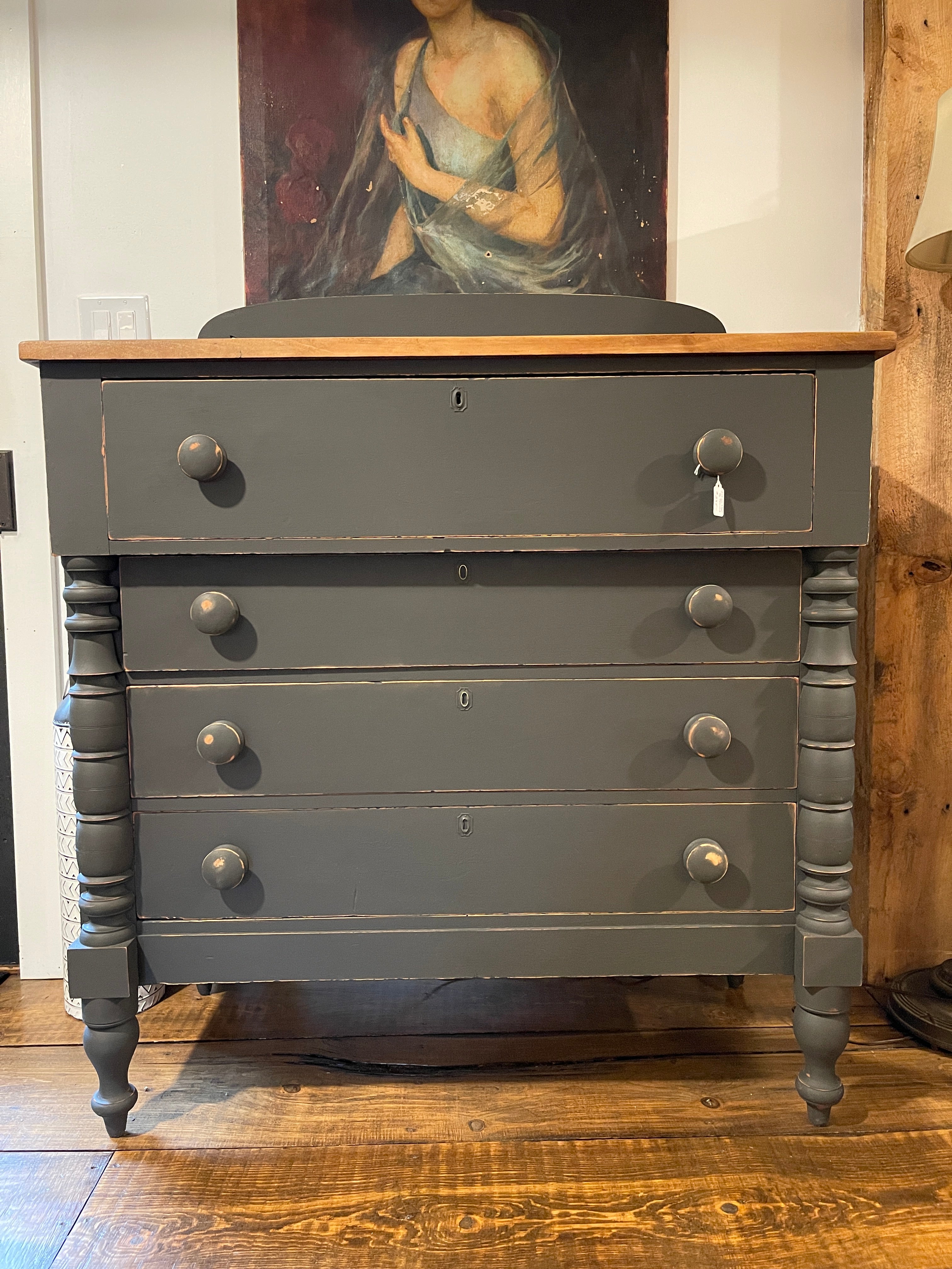 Antique 19th Century Empire Dresser with Natural Wood Top & Moody Gray Finish