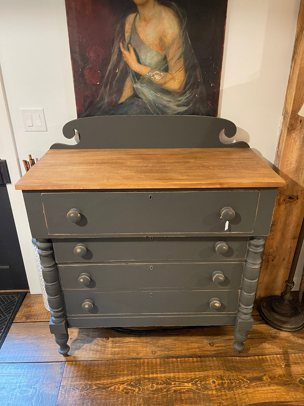 Antique 19th Century Empire Dresser with Natural Wood Top & Moody Gray Finish