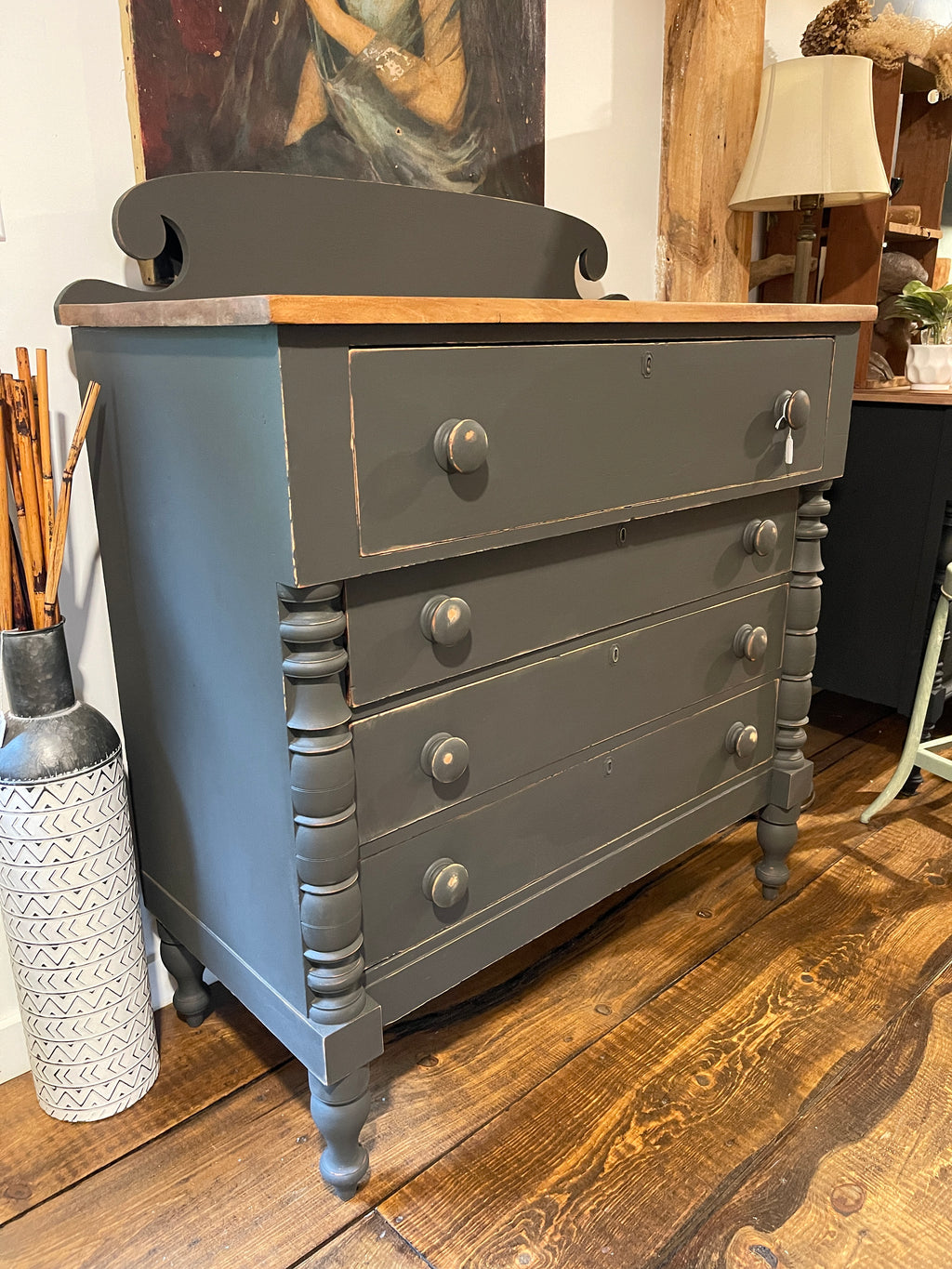 Antique 19th Century Empire Dresser with Natural Wood Top & Moody Gray Finish