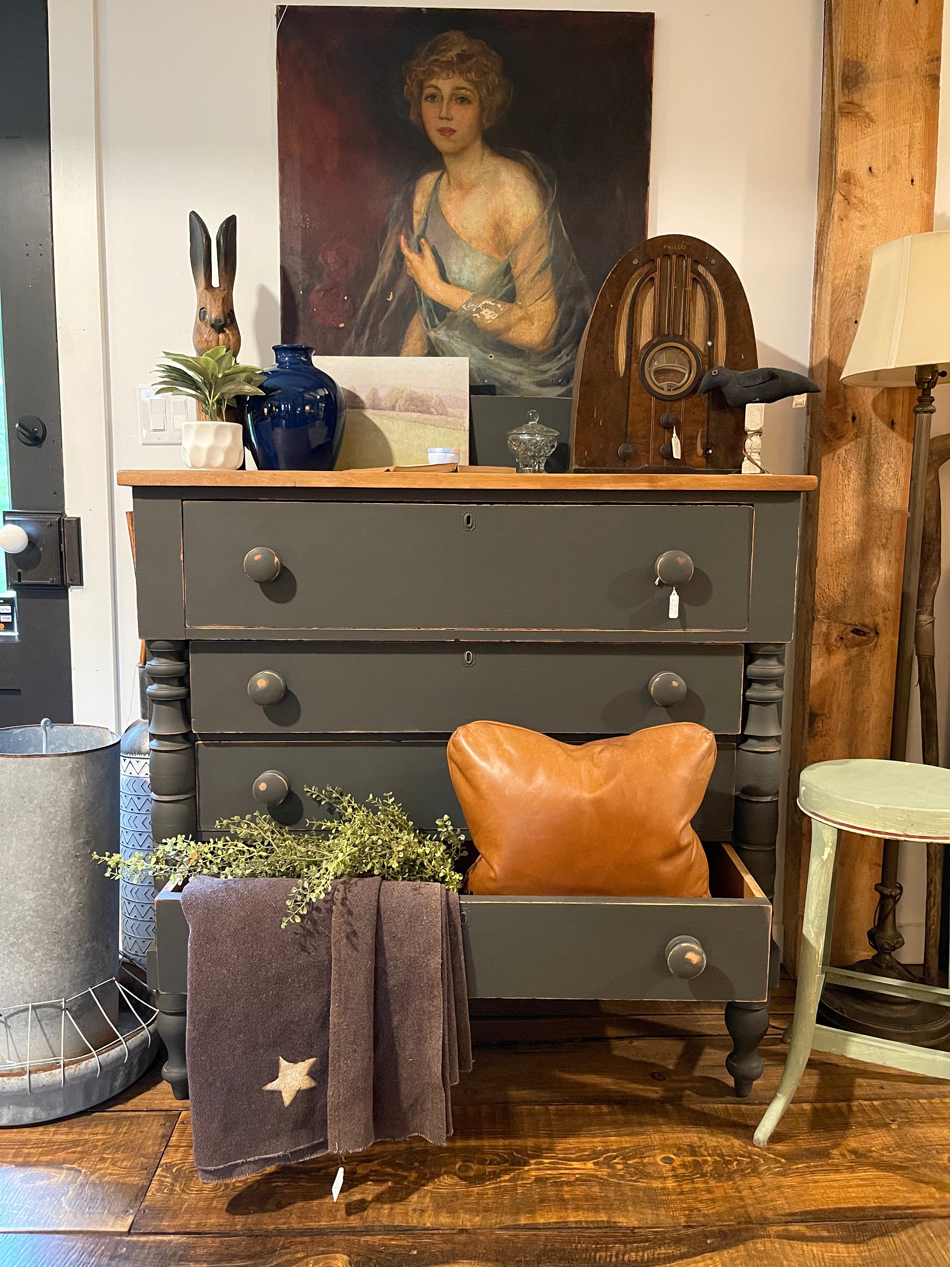 Antique 19th Century Empire Dresser with Natural Wood Top & Moody Gray Finish