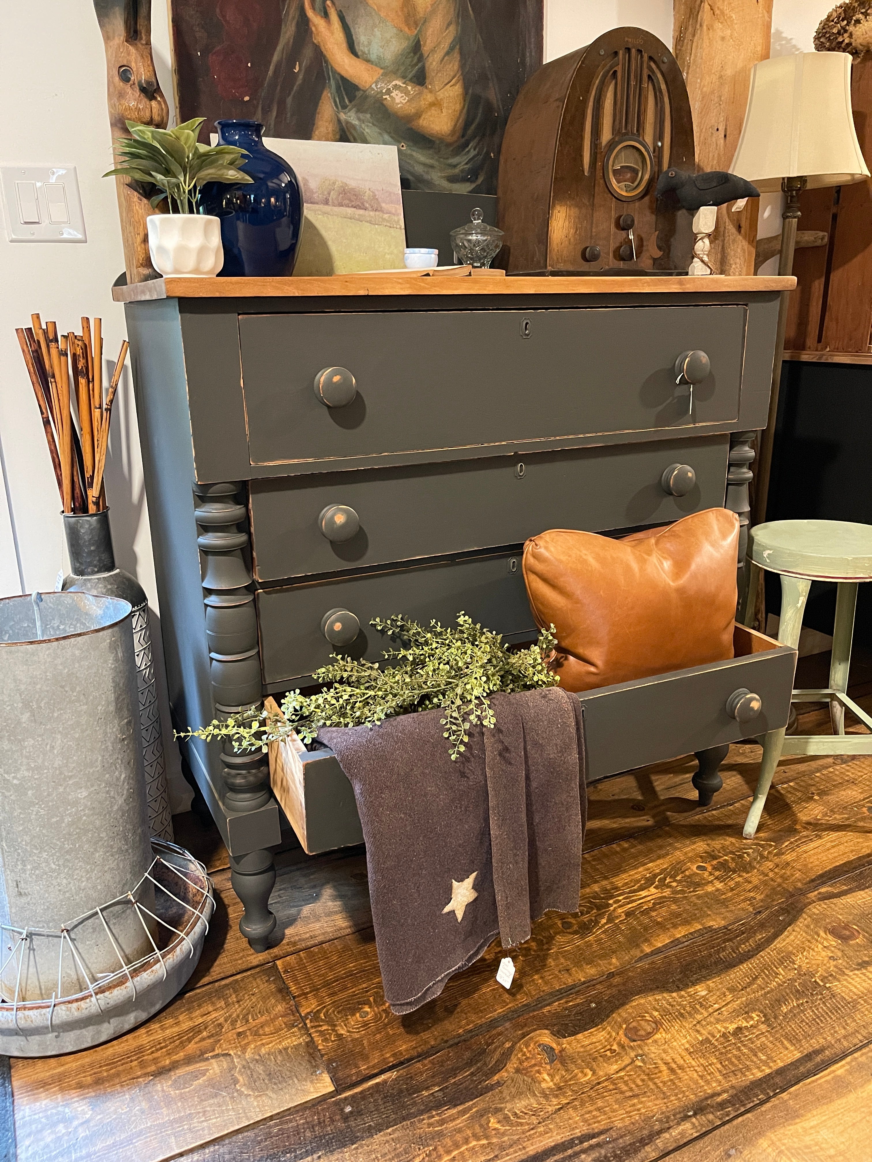 Antique 19th Century Empire Dresser with Natural Wood Top & Moody Gray Finish