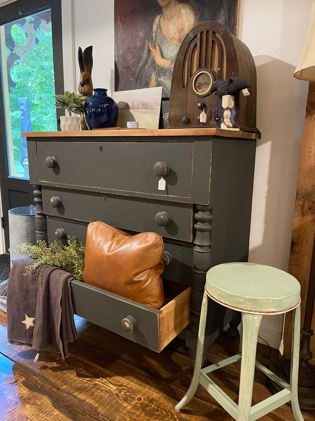 Antique 19th Century Empire Dresser with Natural Wood Top & Moody Gray Finish