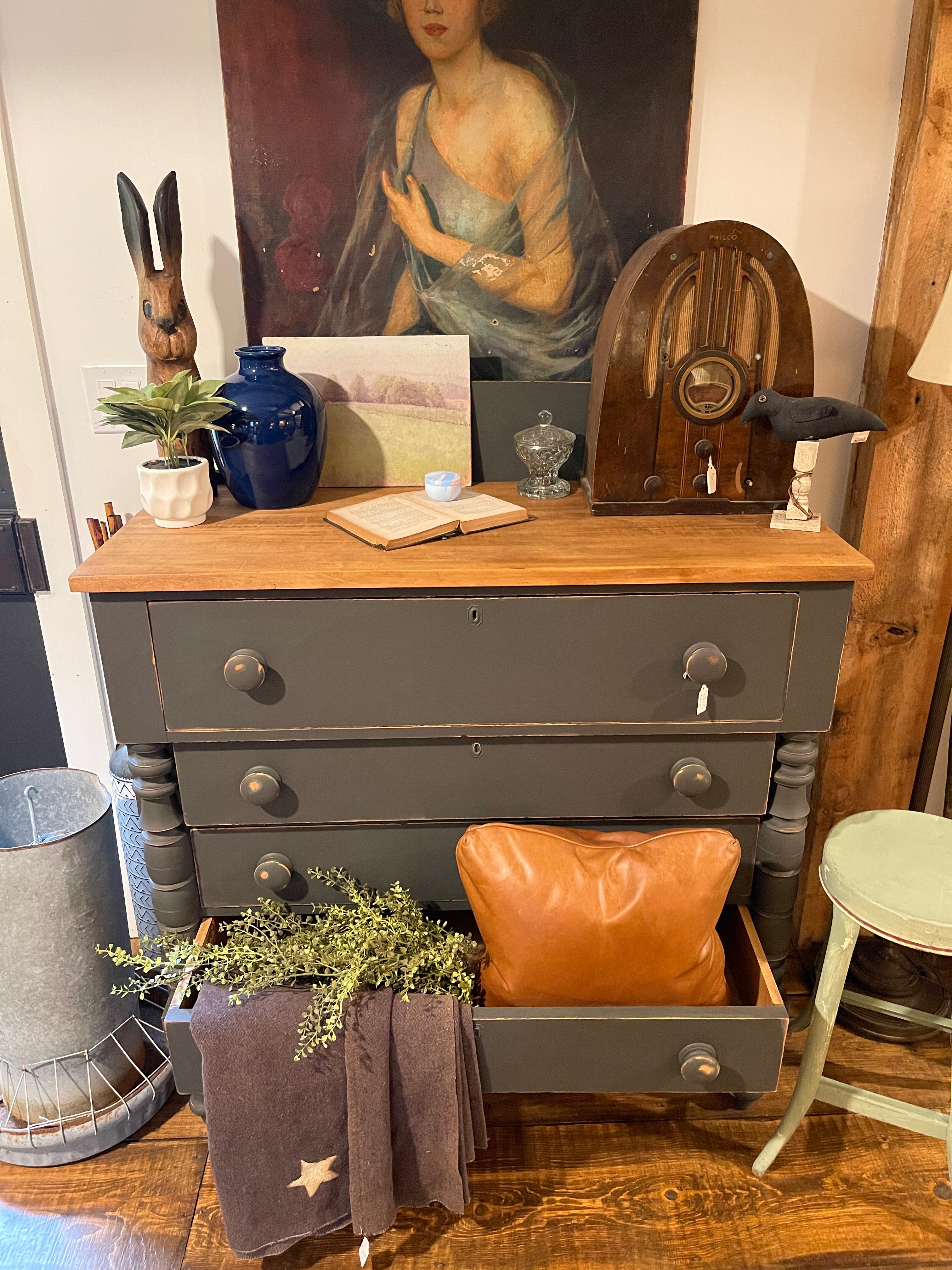 Antique 19th Century Empire Dresser with Natural Wood Top & Moody Gray Finish