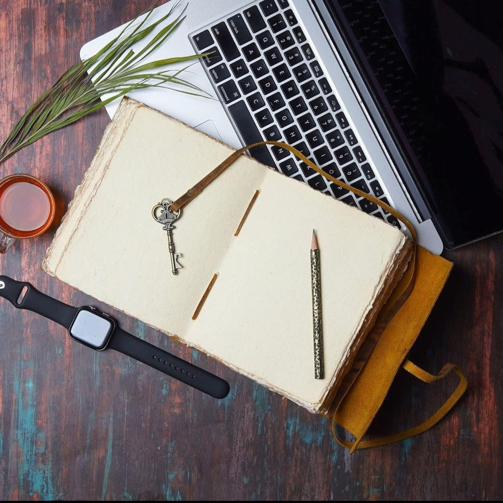 Open journal with unlined pages on desk
