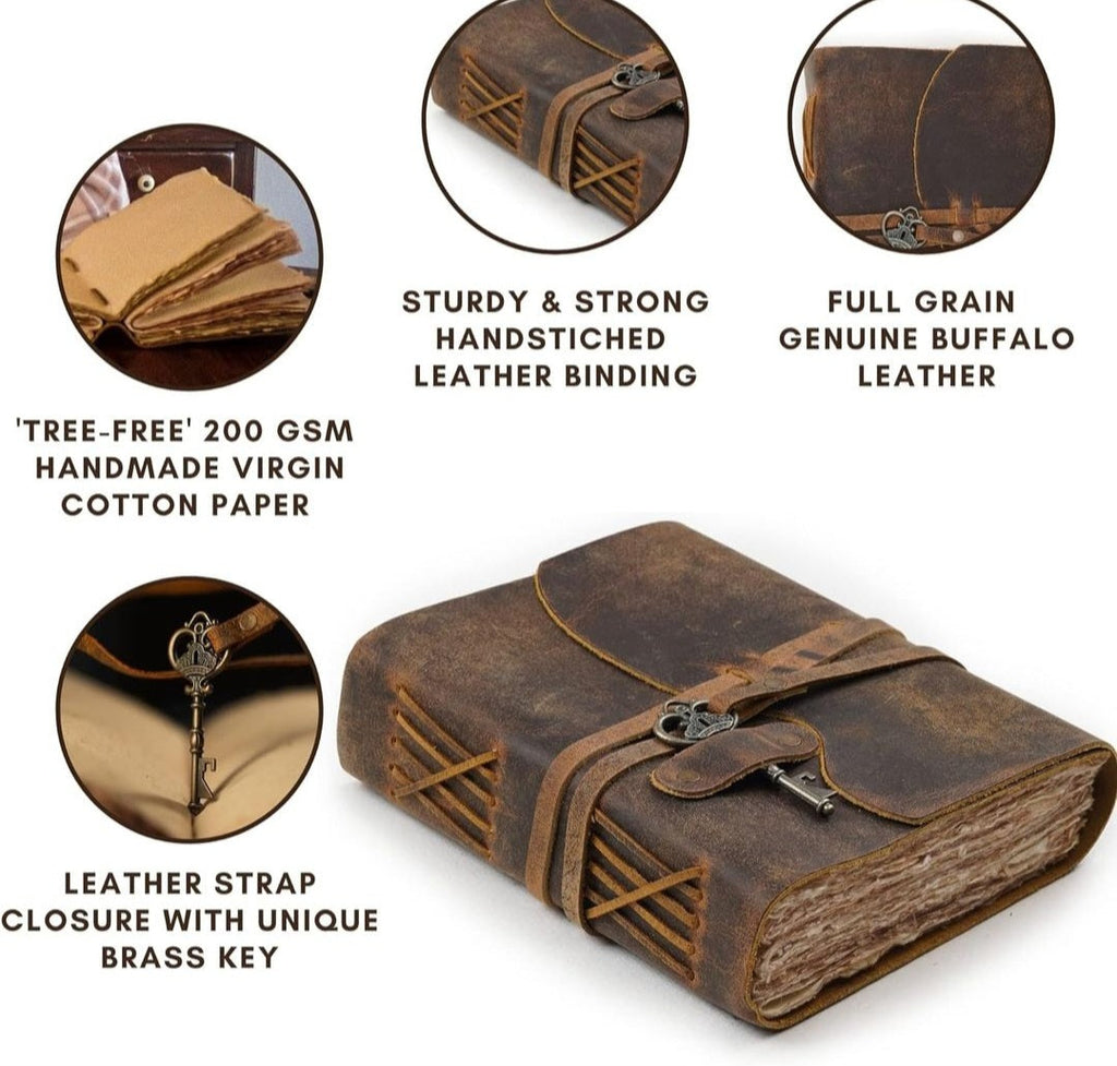 Walnut leather journal displayed with pen