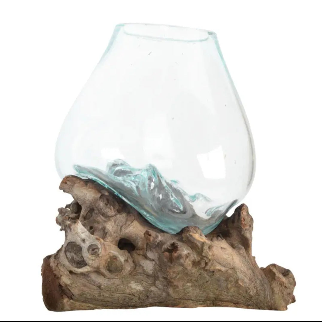 Medium Molten Wine Glass Bowl with Natural Wood