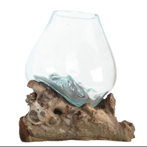 Medium Molten Wine Glass Bowl with Natural Wood