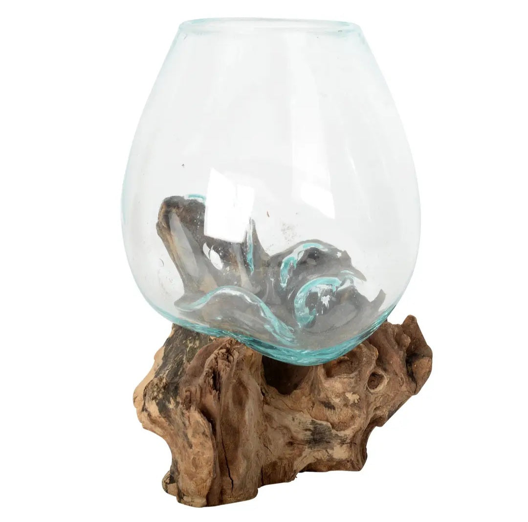 Small Molten Glass Bowl with Natural Wood