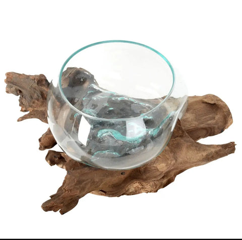 Large Molten Glass Bowl on Natural Wood