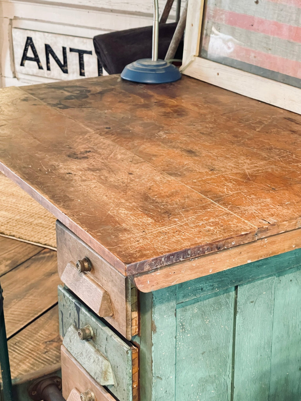 Antique Adjustable Drafting Table with Locking Drawers & Storage Cabinet – Green Patina Finish – Furniture by The Olde 1840